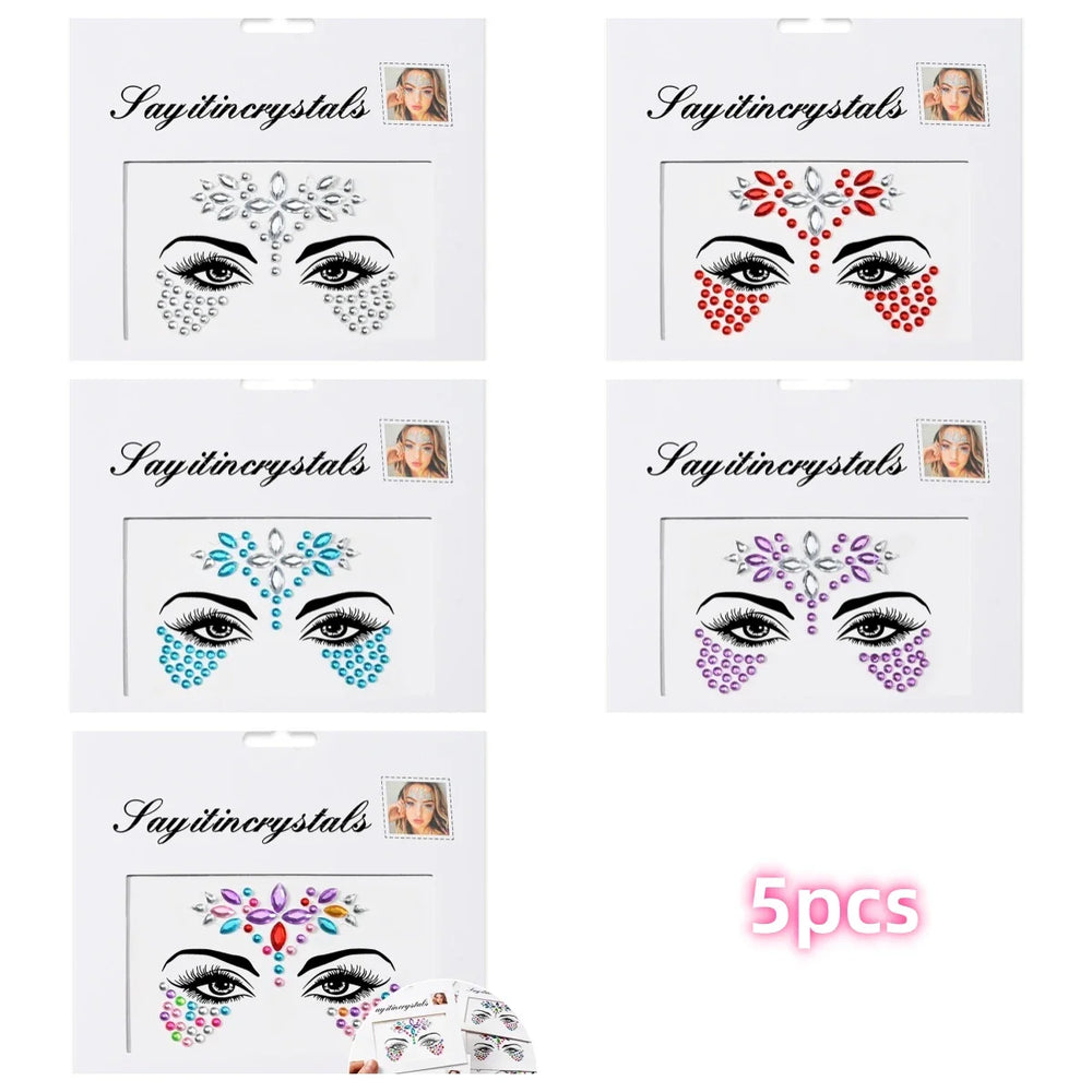 5Pcs Coloful Glitter Face Jewelry Sticker Crystal Eye Body Face Jewels Bady Makeup Tools Temporary Self-Adhesive Nail Rhinestone (ONLINE ORDER ONLY)