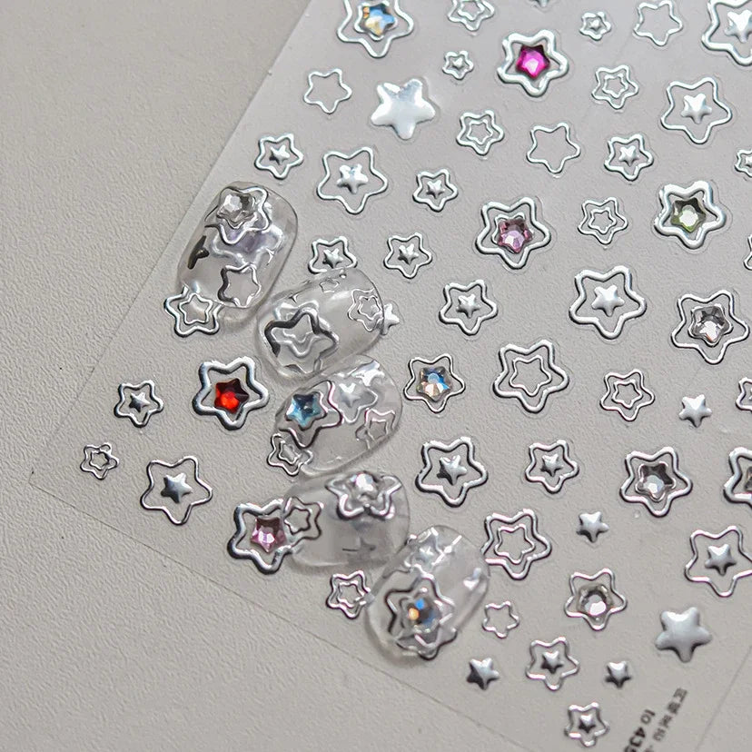 Colored Crystal Star Love Heart Shiny Silver Hollowed Smudging Rainbow Flower Jelly Embossed Nail Art Stickers Manicure Decals (ONLINE ORDER ONLY)