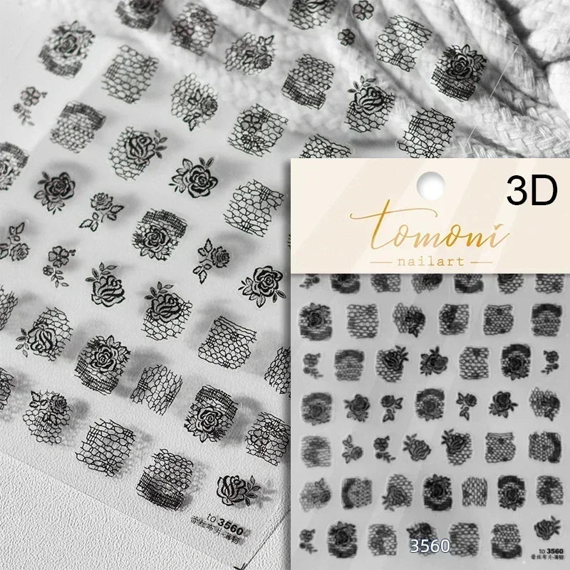 Gradient Halo Dyeing Dark Red Rose Flower Rhinestone Lace Bow Heart 3D Self Adhesive Nail Art Decoration Sticker Manicure Decals (ONLINE ORDER ONLY)