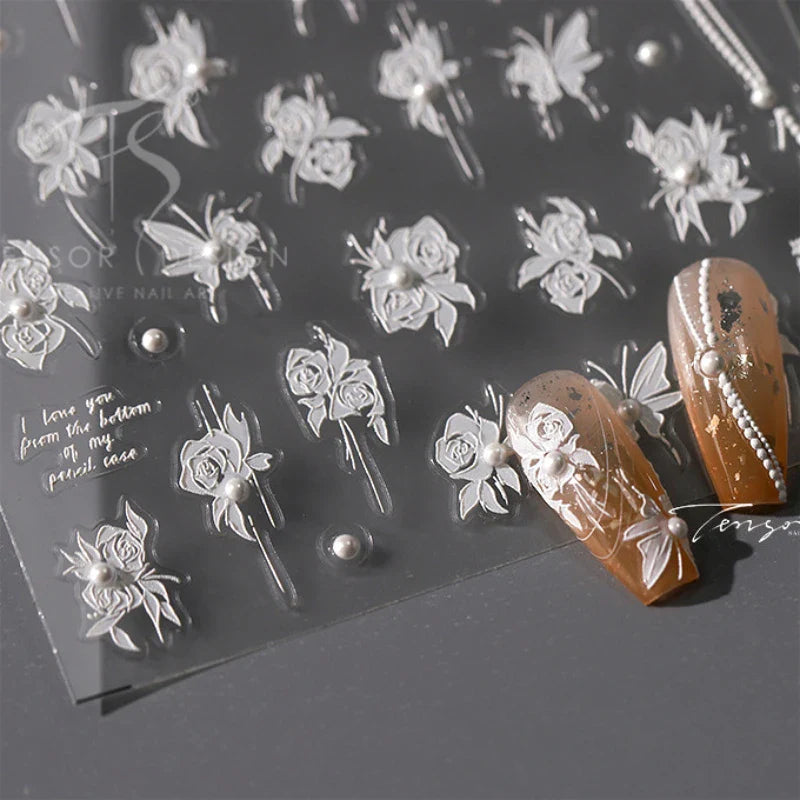 Snowflake Butterfly Rhinestone Shiny Totem Self Adhesive Nail Art Stickers Romantic Charm Chic Rose Flower Pearl Manicure Decals (ONLINE ORDER ONLY)