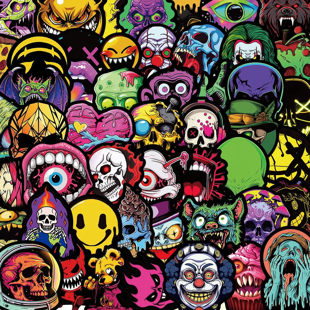 10/50Pcs Funny Gothic Skull Ghost Face Stickers Decals Toy DIY Laptop Skateboard Phone Luggage Guitar Helmet Waterproof Sticker (ONLINE ORDER ONLY)