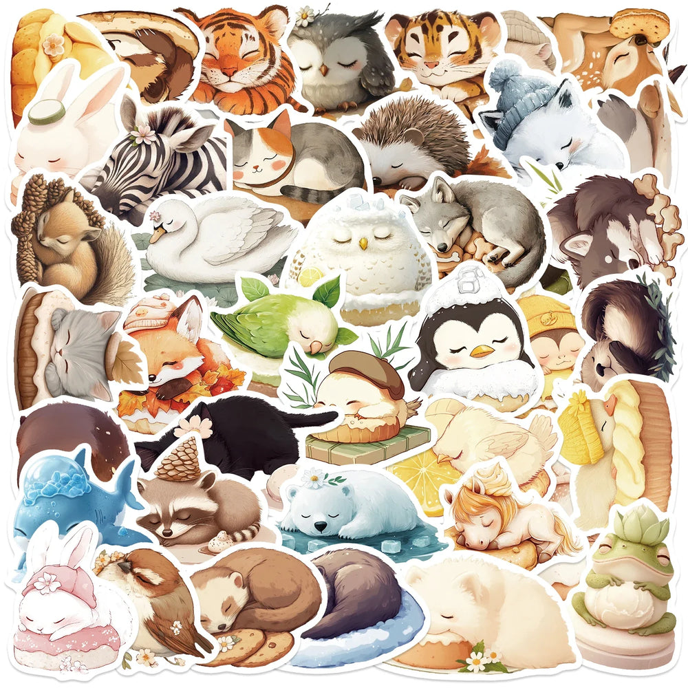 50pcs Sleeping Animals Cartoon Stickers Perfect for Scrapbooking Diaries Laptops Bumpers Water Bottles Computers Phones Sticker (Online Order Only)