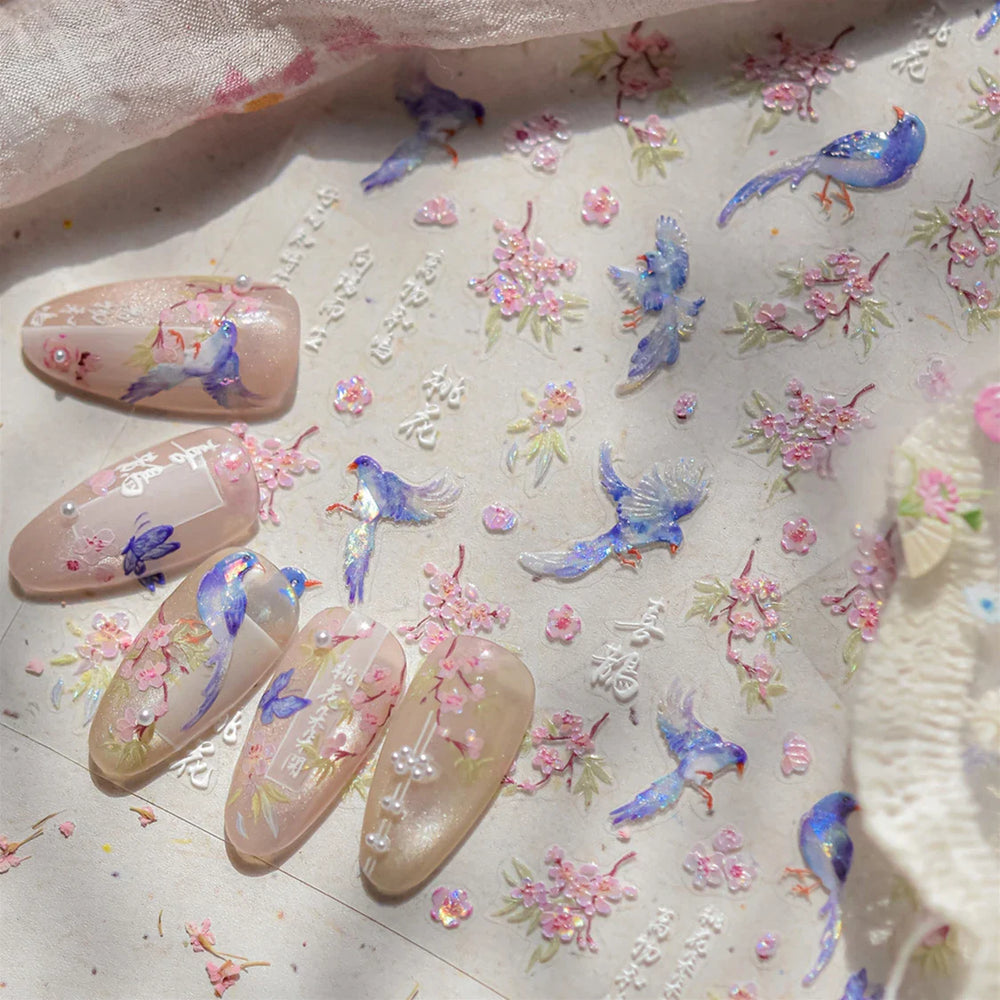 Pink Peach Blossom Blue Magpie Butterfly Bird Wing Tree Branch Animals Plants Shiny 3D Adhesive Nail Art Stickers Manicure Decal (ONLINE ORDER ONLY)