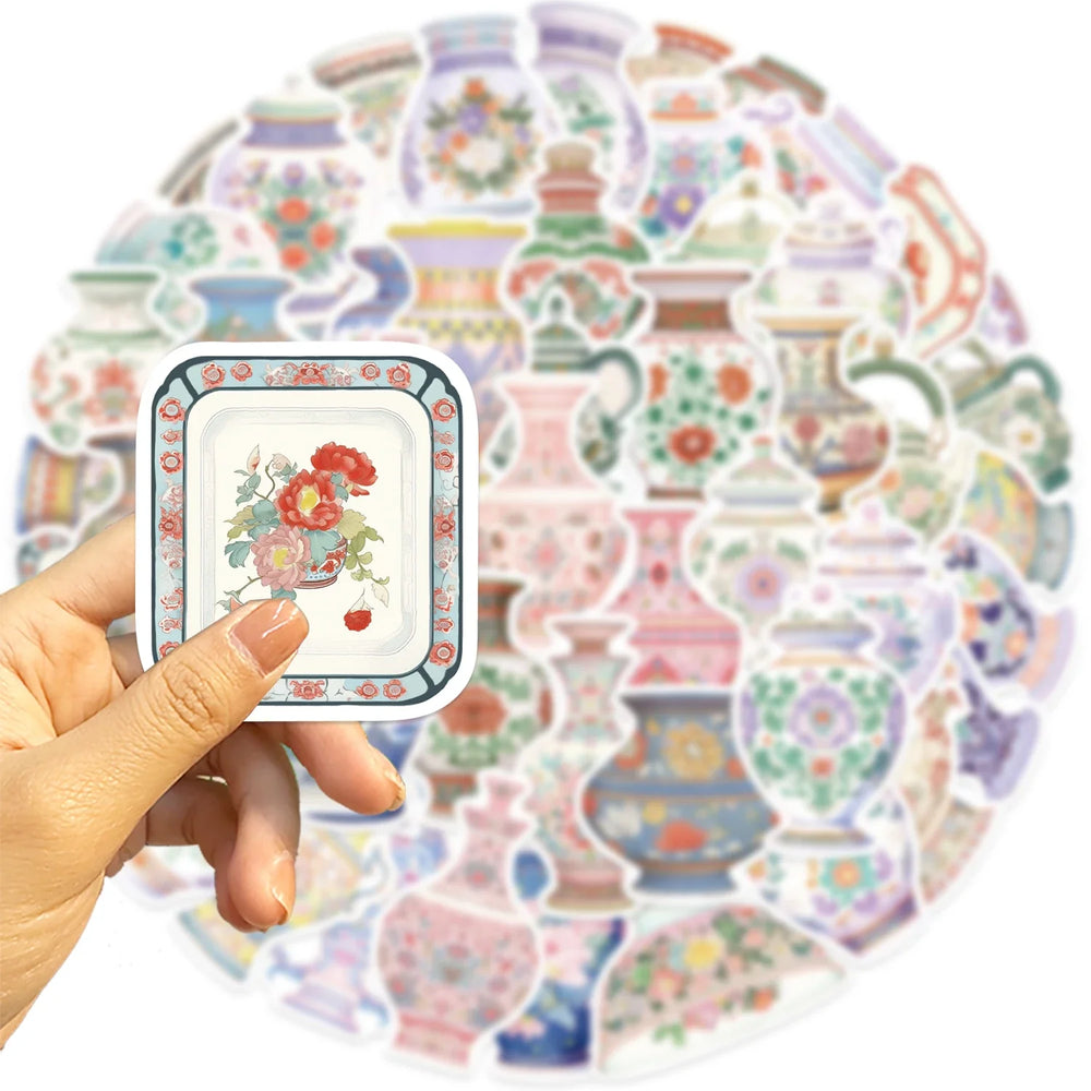 52Pcs Retro Chinese Style Porcelain Design Stickers Self Adhesive DIY Skateboard Guitar Laptop Phone Decals StickerToys (ONLINE ORDER ONLY)
