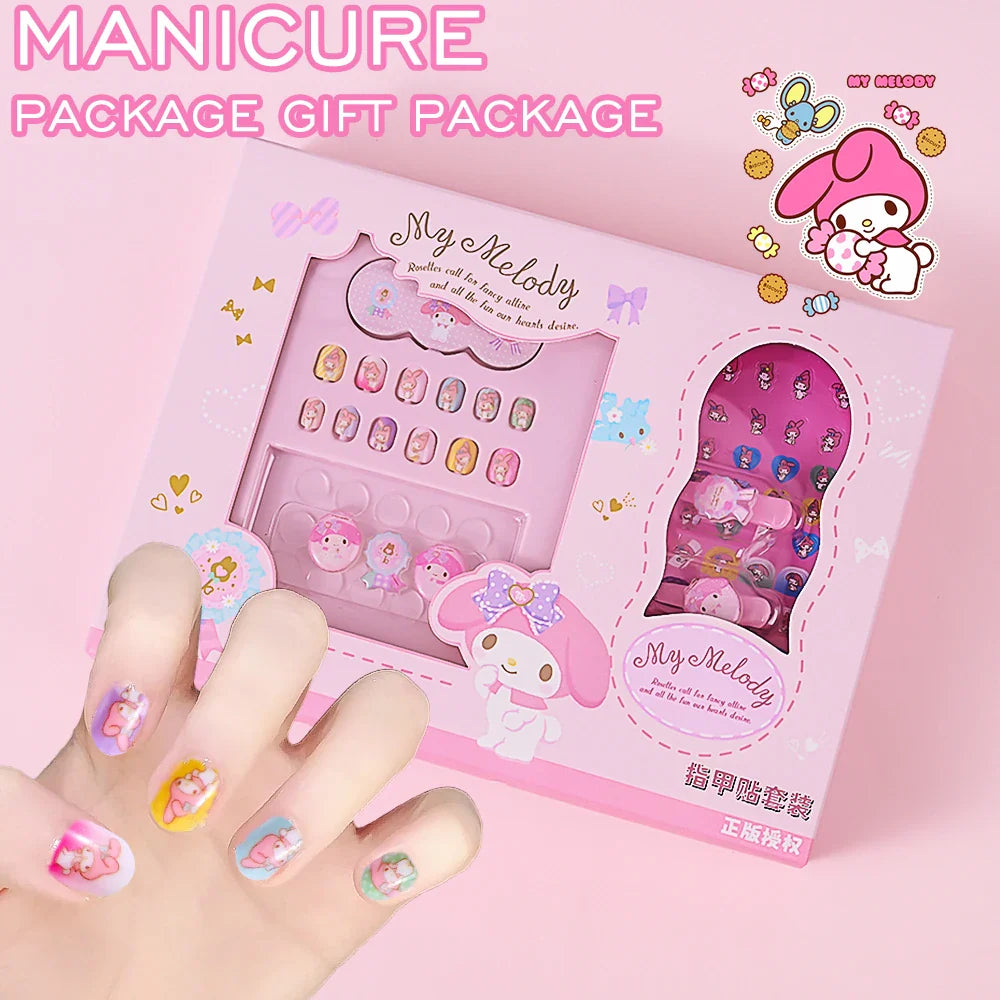 1Set(12Pcs+Jelly Glue+Stickers+Hairpin) Children Acrylic Fake Nails Kuromi Mymelody Cinnamoroll Fake Nails Non-Toxic Kid Gifts * (Online Order Only)