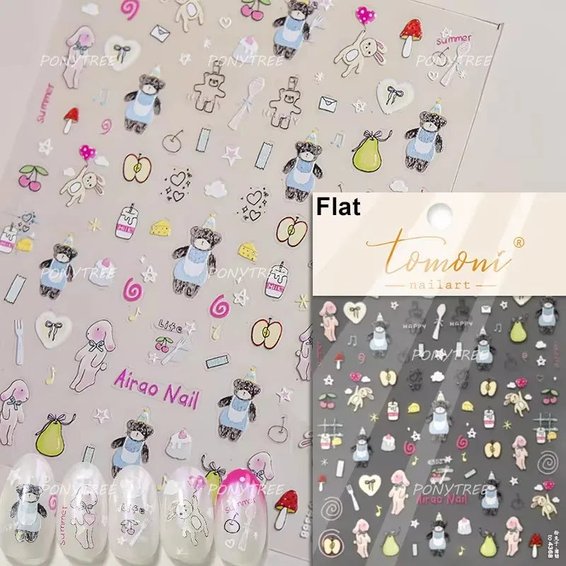 Cute Lucky Bear Apple Core Star Bowknot Flower Delicious Cookies Cherry Cake Dessert Milk Vase Adhesive Nail Art Stickers Decals (ONLINE ORDER ONLY)