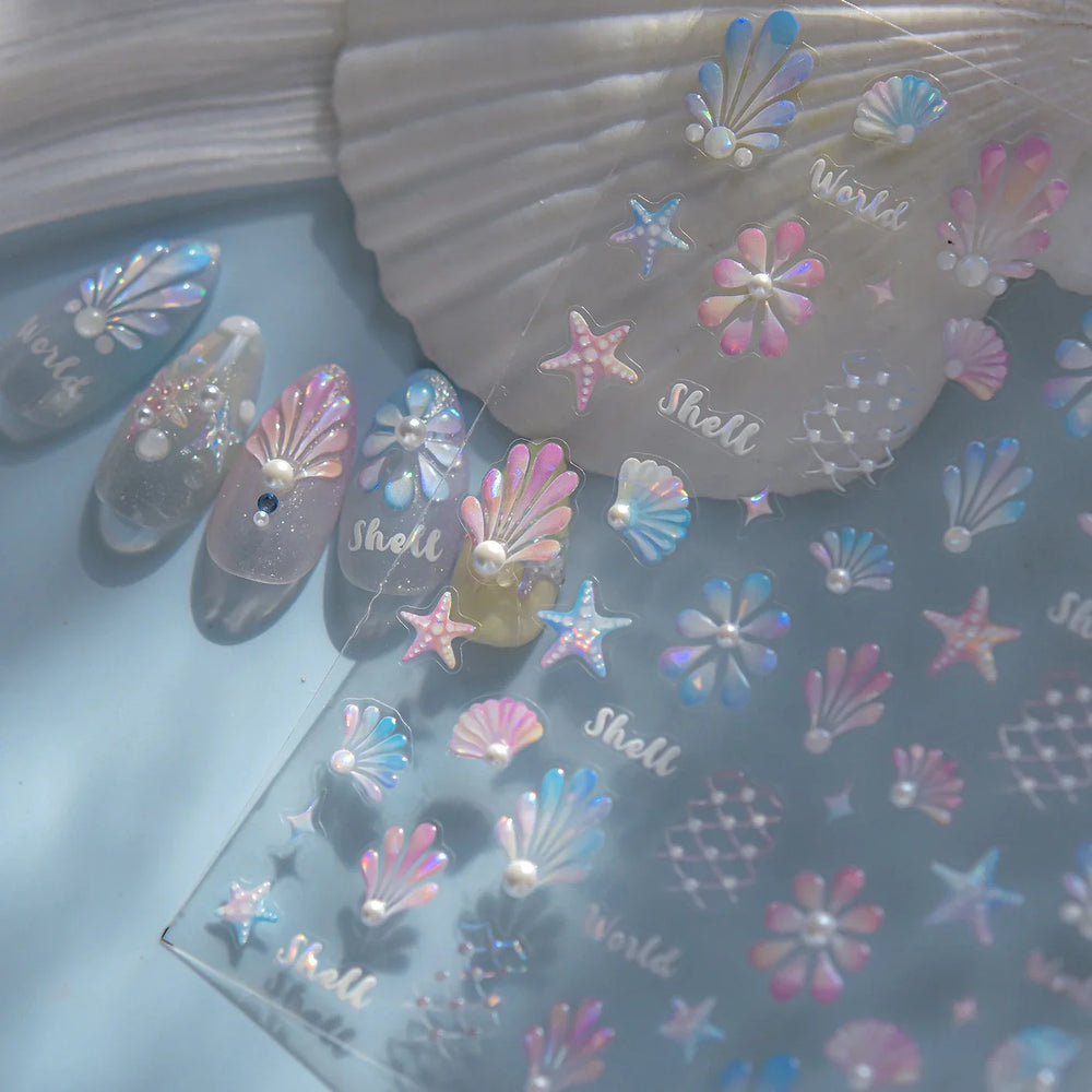 Marine Shell Starfish Ocean Elements Pearl Star Fishing Net Colourful Underwater Organisms 5D Nail Art Stickers Manicure Decals (Online Order Only)