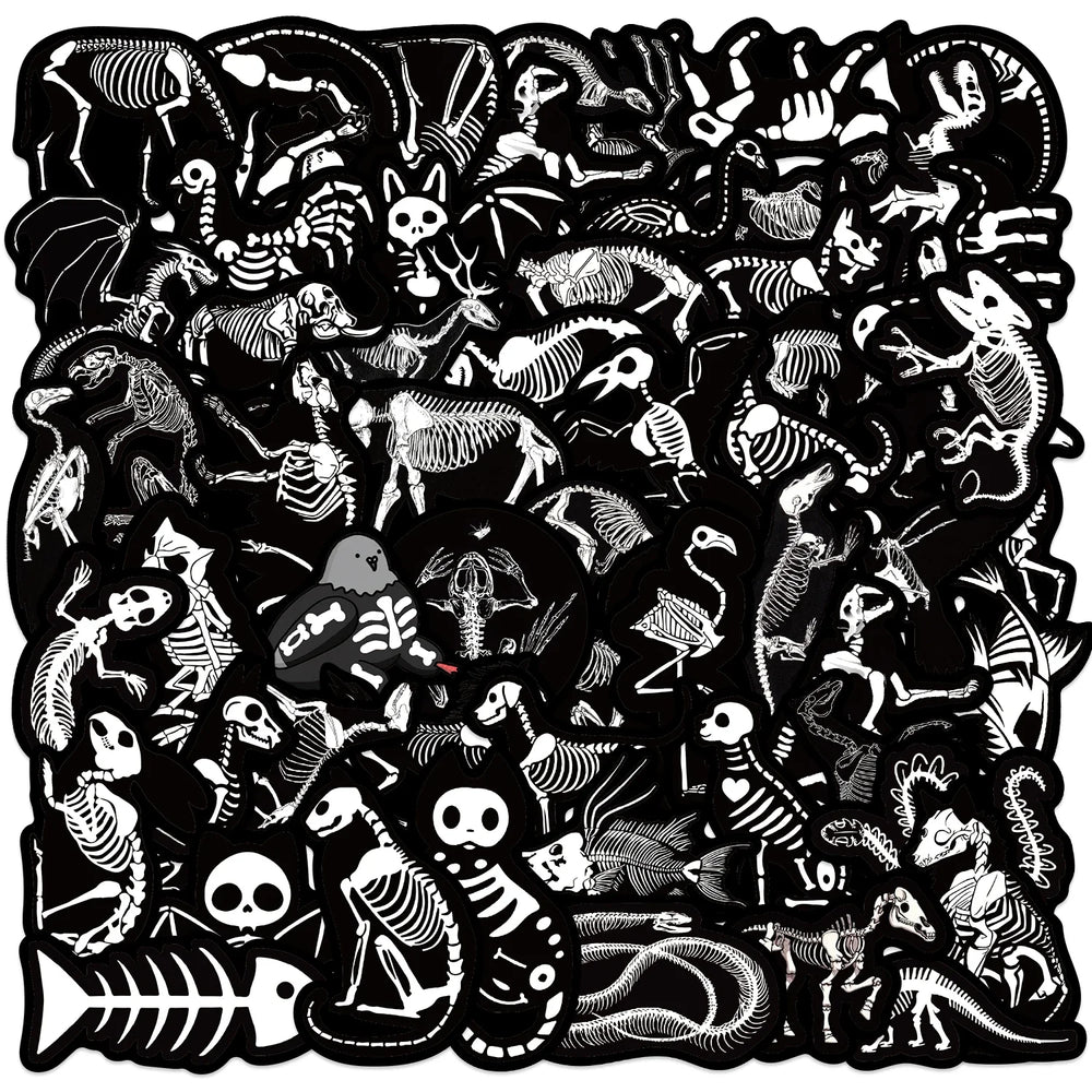 56pcs Animal Skeleton Cool Stickers for Laptop Scrapbook Waterproof Cartoon Graffiti Decals Dark Sticker Toys Decor (Online Order Only)