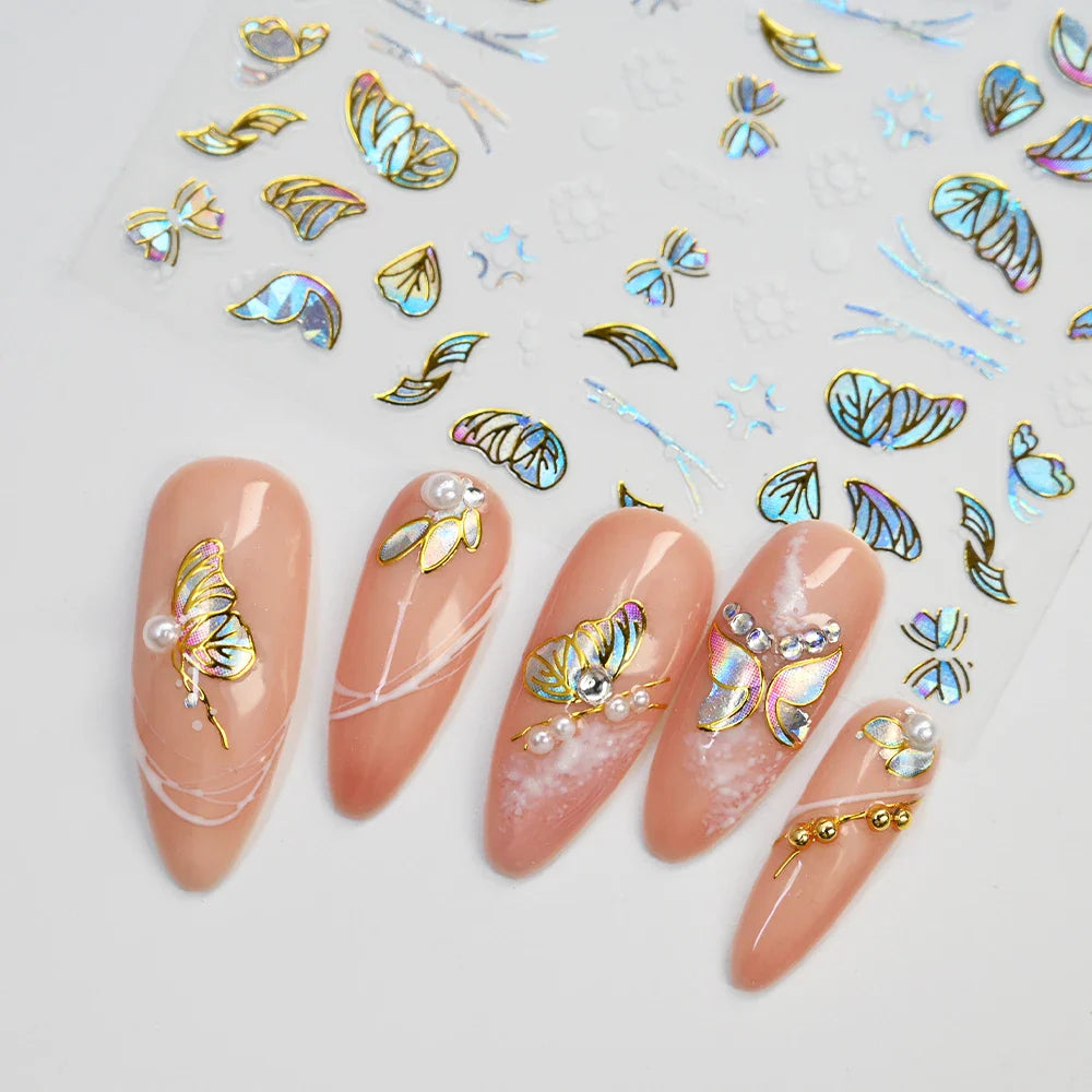 20pcs Laser Shining Aurora Shell Butterfly Nail Stickers 5D Nail Art Design Decals DIY Manicure Y2K Bronzing Stickers For Nails* (ONLINE ORDER ONLY)