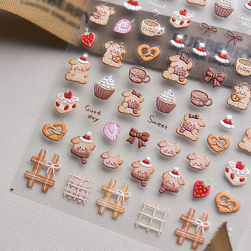 Bowknot Dog puppy Christmas Hat Strawberry Cake Food Coffee Cherry Love Heart Adhesive Nail Art Sticker Reliefs Manicure Decals (Online Order Only)