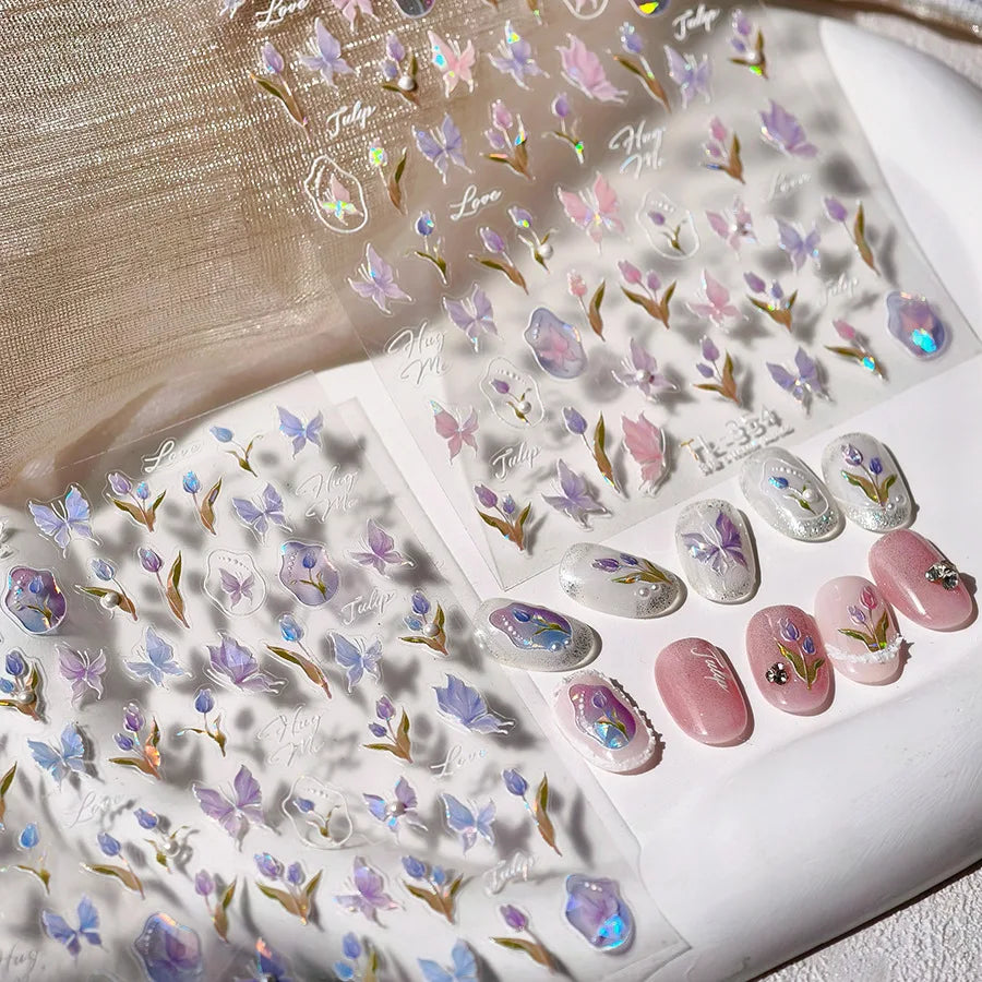 Tulips Flower Letter Bowknot Butterfly Irregular Lines Pearl Tender 5D Adhesive Nail Art Stickers Manicure Decals Stick on Nail (ONLINE ORDER ONLY)