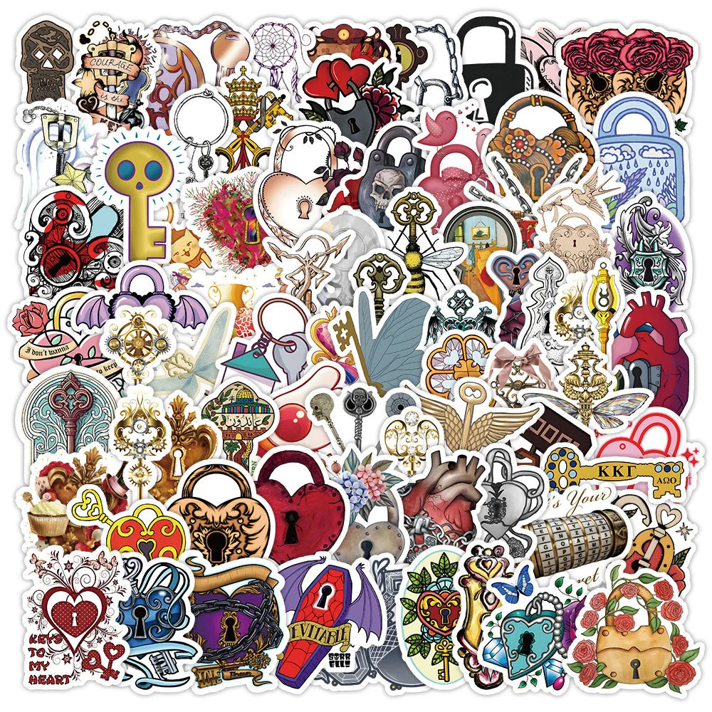 Retro Gothic Keys Locks Stickers Pack - Waterproof DIY Motorcycle Skateboard Laptop Car Bike Decals (ONLINE ORDER ONLY)
