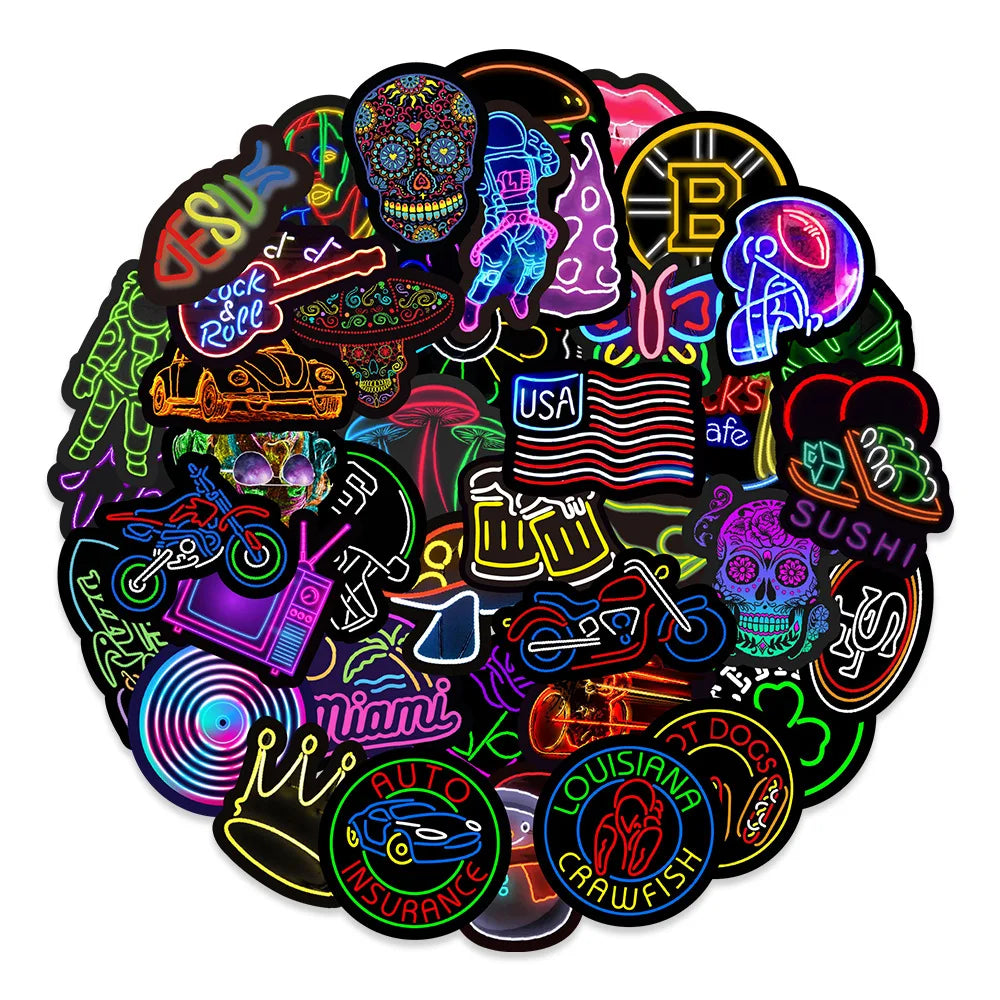 10/30/50PCS Popular Cool Neon Light Sticker Pack Skateboard Guitar Decoration DIY Laptop New Waterproof Graffiti Decal Wholesale (ONLINE ORDER ONLY)