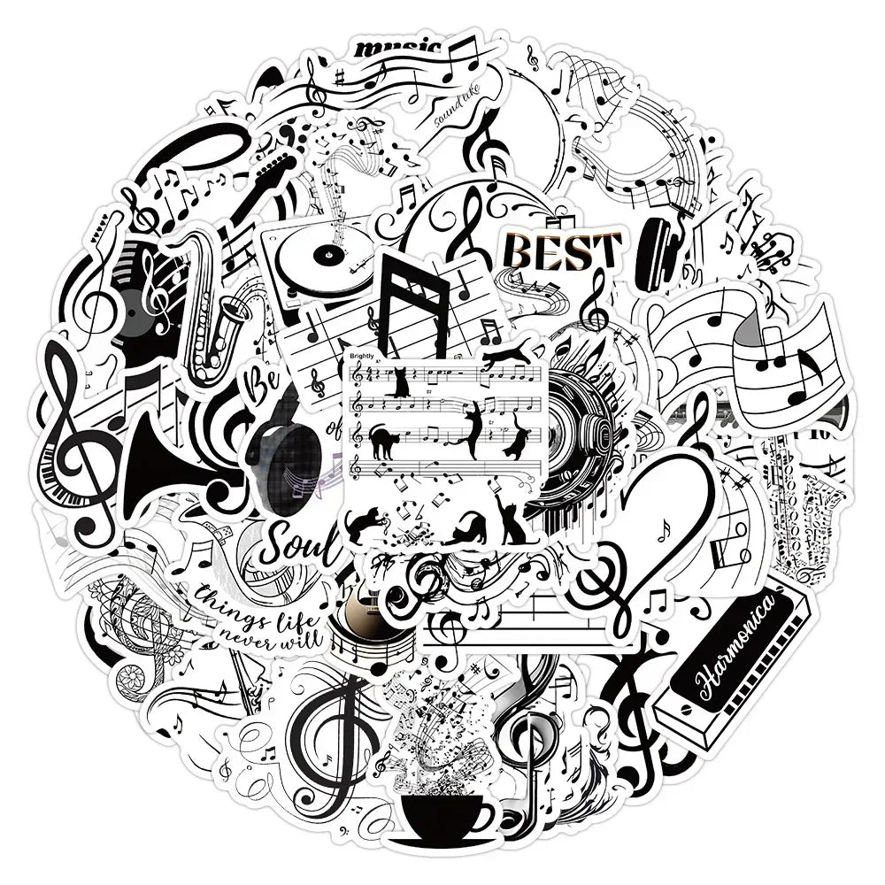 10/53Pcs Black White Music Note Graffiti Sticker DIY Waterproof Piano Phone Case Notebook Guitar Car Bike Wall Graffiti Decals (ONLINE ORDER ONLY)