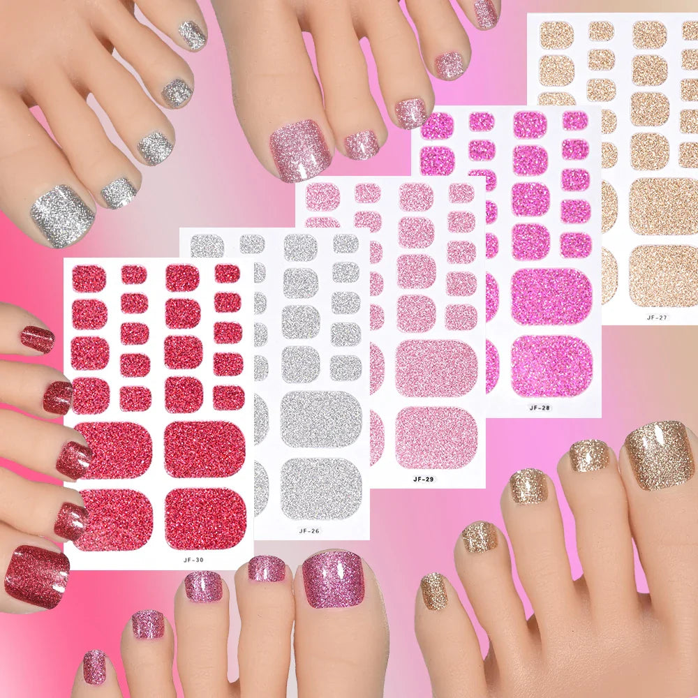 22Tips Pink Red Glitter Design Baking-free Toenail Stickers Solid Color Adhesive Full Cover Toe Nail Strip Slider Manicure Decal (ONLINE ORDER ONLY)