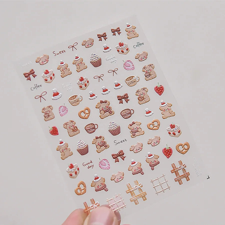 Bowknot Dog puppy Christmas Hat Strawberry Cake Food Coffee Cherry Love Heart Adhesive Nail Art Sticker Reliefs Manicure Decals (Online Order Only)
