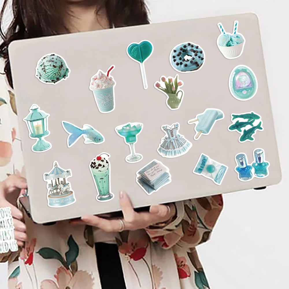 50pcs Ins Style Mint Green Stickers Aesthetic Summer Cartoon Decals Decoration DIY Waterproof Skateboard Laptop Phone Toys (Online Order Only)
