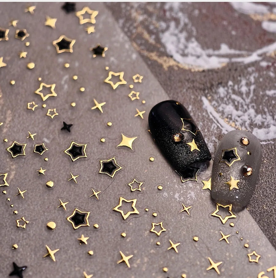 Hollow Out Black Gold Star Starburst Round Dot Night-time Tiny Spot Self Adhesive Nail Art Stickers Manicure Decals Wholesale (ONLINE ORDER ONLY)