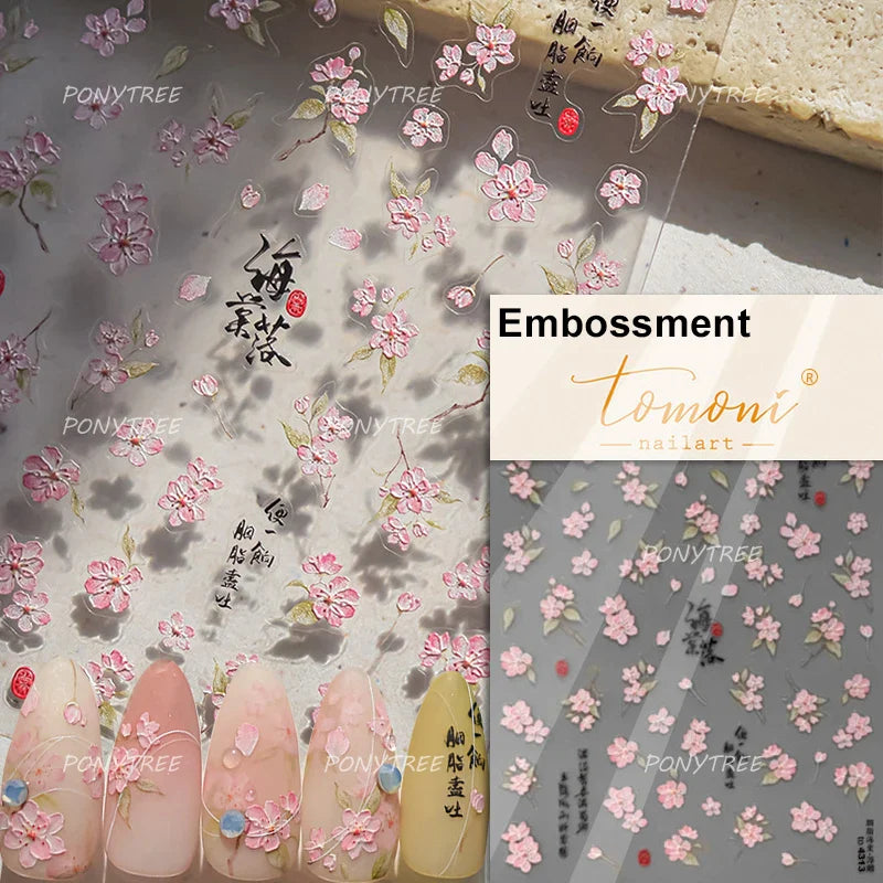 Antique Changle Flower Chrysanthemum Jade Pendant Feathers Green Leaf Adhesive Nail Art Stickers Flat Embossment Manicure Decals (Online Order Only)