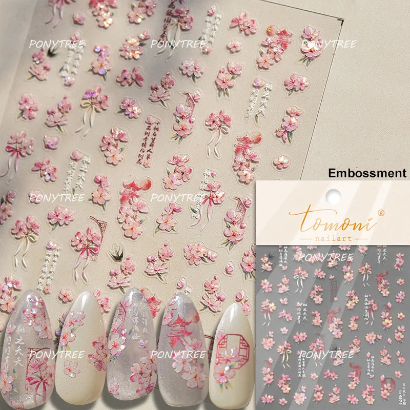 Trumpet Creeper White Flower Purple Leaves Antique Special Characters 5D Soft Relief Adhesive Nail Art Stickers Manicure Decals (ONLINE ORDER ONLY)