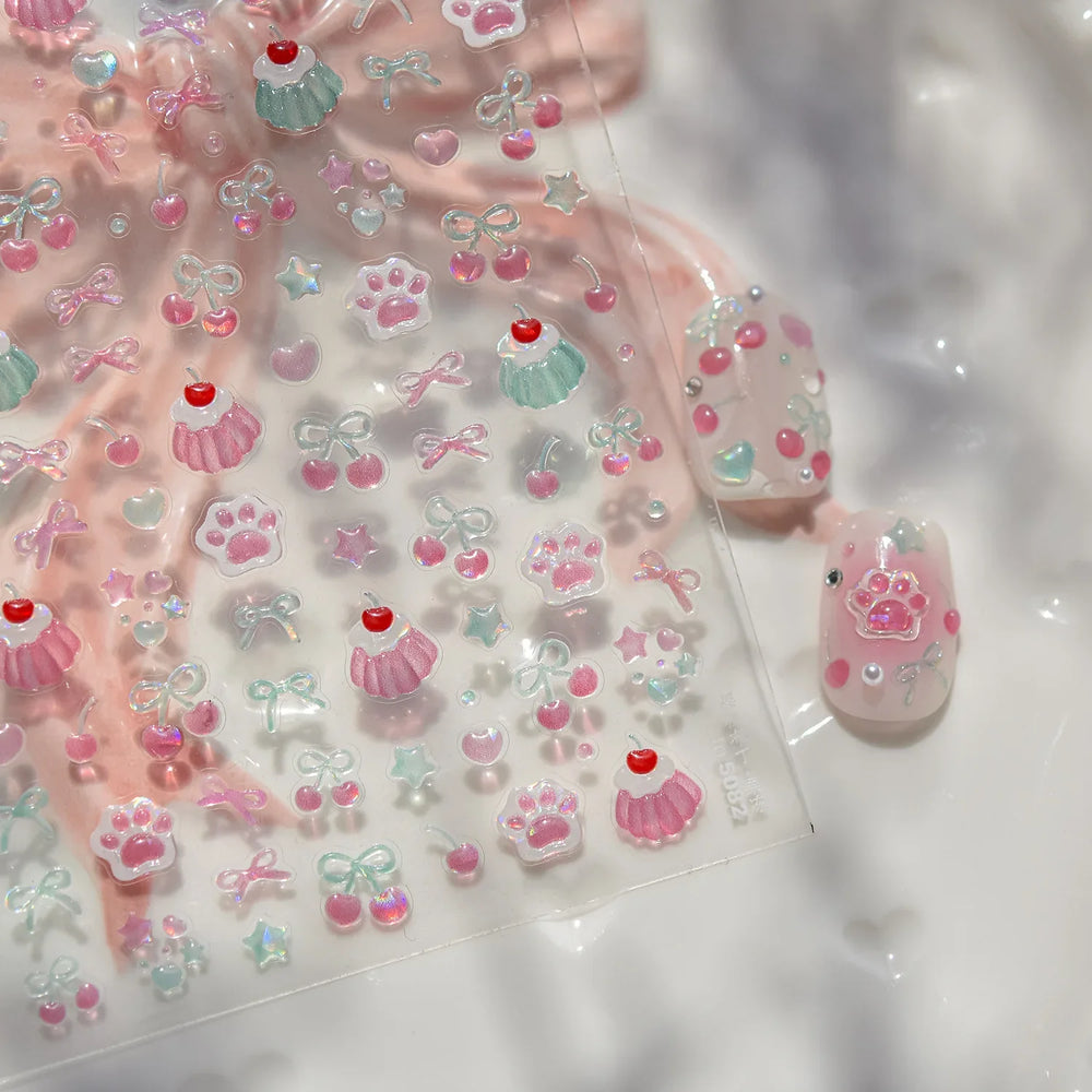 Colored Shiny Jelly Claw Paw Pudding Dessert Cherry Bowknot Cake Bow Tie Drink Food Love Heart Nail Art Sticker Manicure Decal (ONLINE ORDER ONLY)