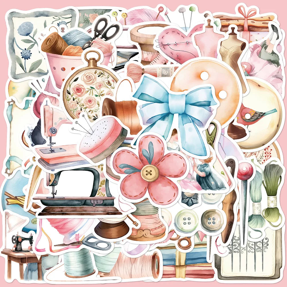 50Pcs Cartoon Pink Sewing Machine Stickers for Helmet, Wall, DIY Decoration (Online Order Only)