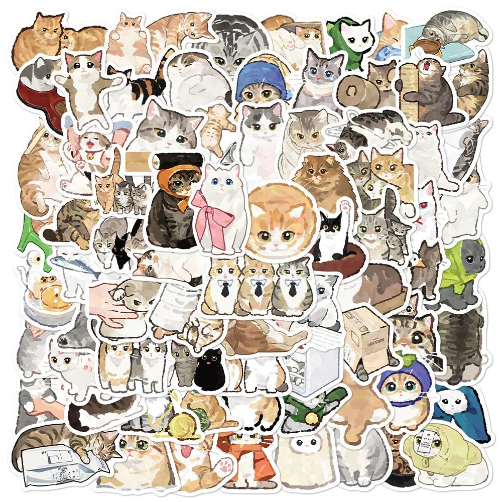 10/77pcs Cute Cartoon Watercolor Cat Stickers Funny Animals Kid Sticker Toy DIY Phone Fridge Notebook Stationery Graffiti Decals (ONLINE ORDER ONLY)