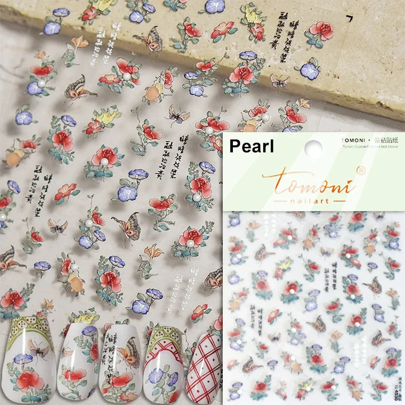 Gradient Coloredful Flower Petal Green Leaf Dreamy Shiny Chinese Rose Fantasy Relief Adhesive Nail Art Stickers Manicure Decals (Online Order Only)