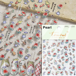 Gradient Coloredful Flower Petal Green Leaf Dreamy Shiny Chinese Rose Fantasy Relief Adhesive Nail Art Stickers Manicure Decals (Online Order Only)