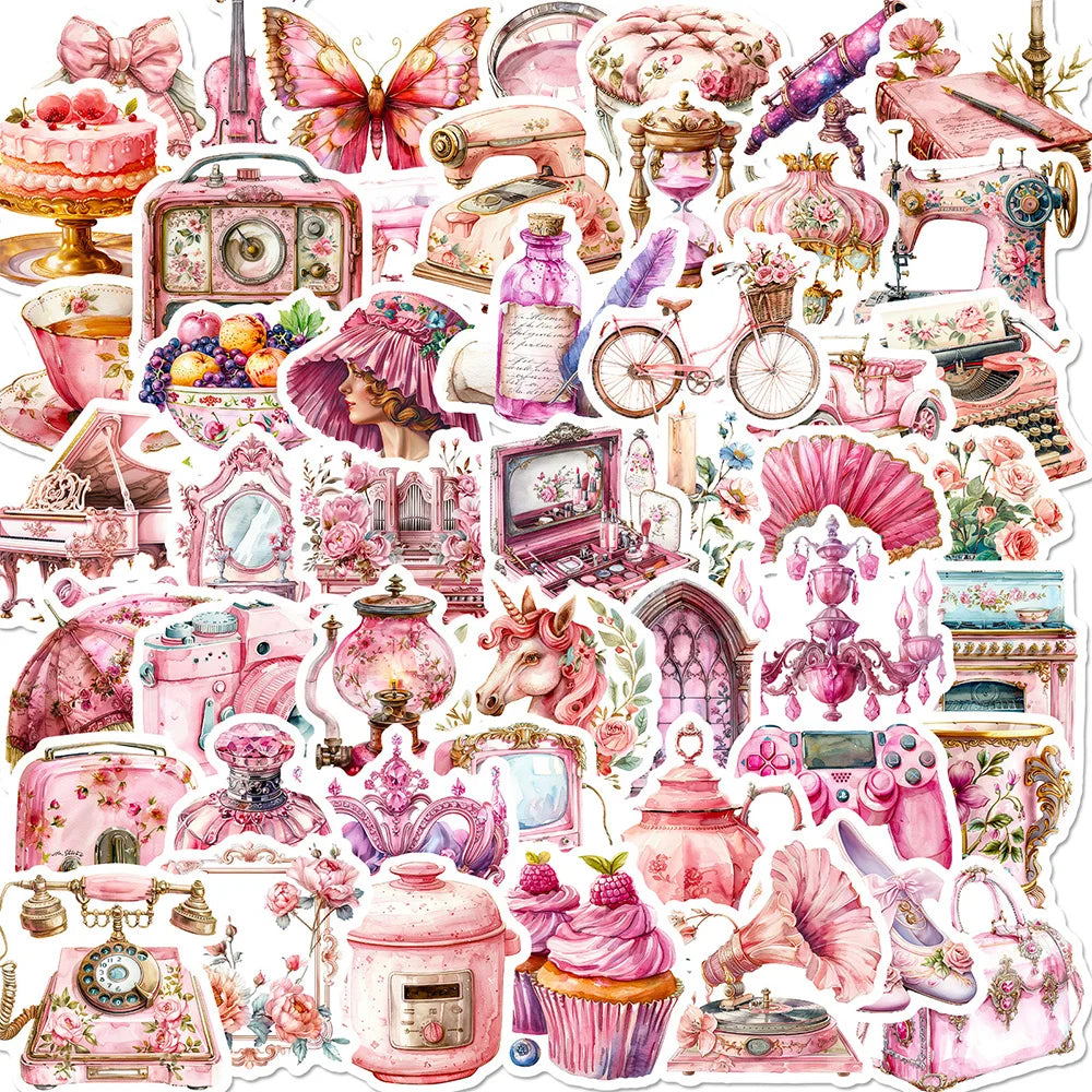 Kawaii Pink Cartoon Stickers Pack - Retro Aesthetic Decals for Laptop, Phone, Suitcase, Stationery (Online Order Only)
