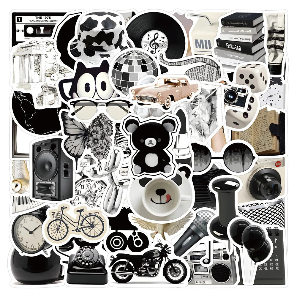 Black White Cartoon Stickers Waterproof Decals for Laptop Phone Suitcase Car (Online Order Only)
