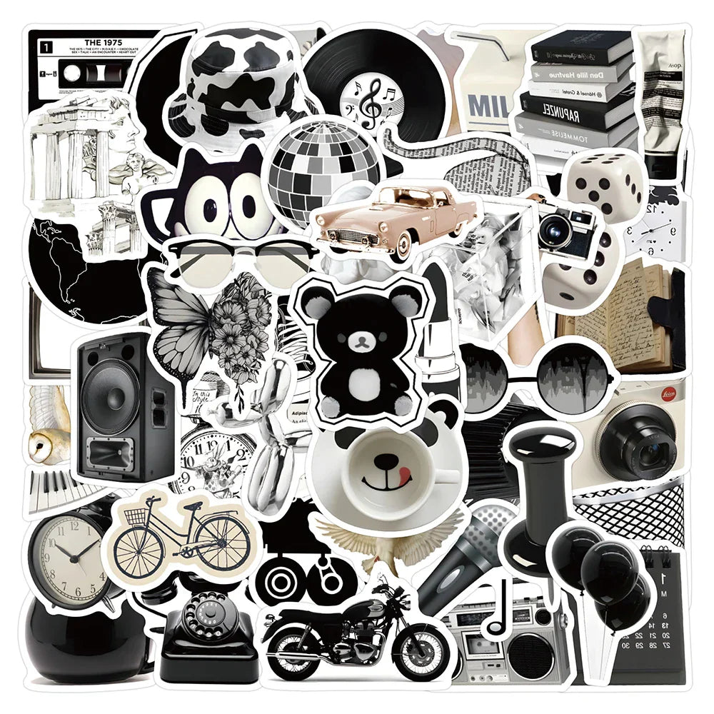 Black White Cartoon Stickers Waterproof Decals for Laptop Phone Suitcase Car (Online Order Only)