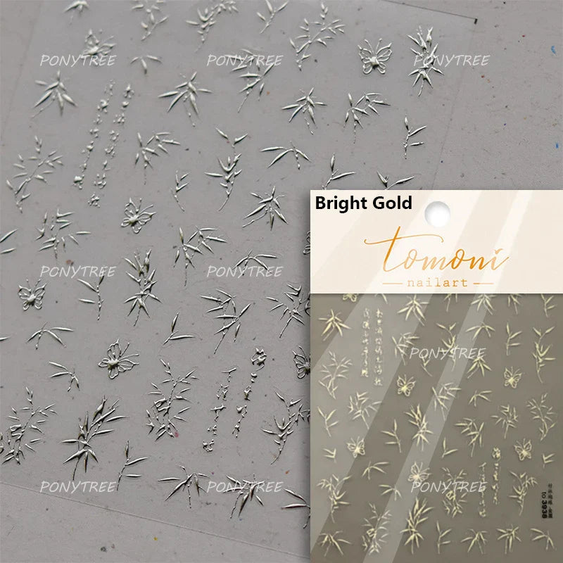 Antique Bamboo Leaf Hot Stamping Plant Botany Calligraphy Characters Self Adhesive Nail Art Stickers Rhinestone Manicure Decals (ONLINE ORDER ONLY)