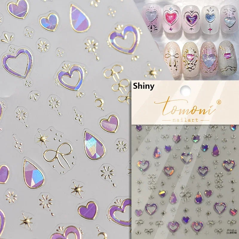 Flat Small Pink Brown Halo Dyeing Love Heart Geometric Leopard Shiny Jelly Chic Embossed Relief Nail Art Stickers Manicure Decal (Online Order Only)