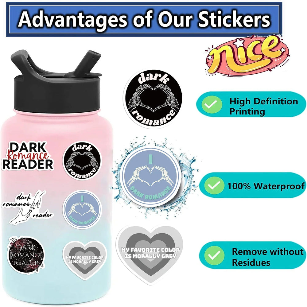 50/52pcs Romance Bookish Spice Reader Stickers Pink Girl Cartoon Decals Aesthetic Decals Phone Laptop Diary Sticker Kids Toys (ONLINE ORDER ONLY)