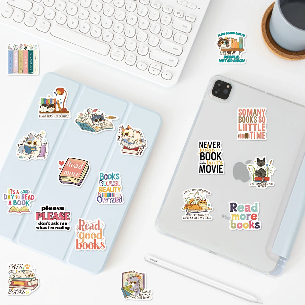 60Pcs Cat and Book with Motivational Phrase Sticker Pack DIY Scrapbook Decorative Stickers For Water Bottle Car Cup Computer (Online Order Only)