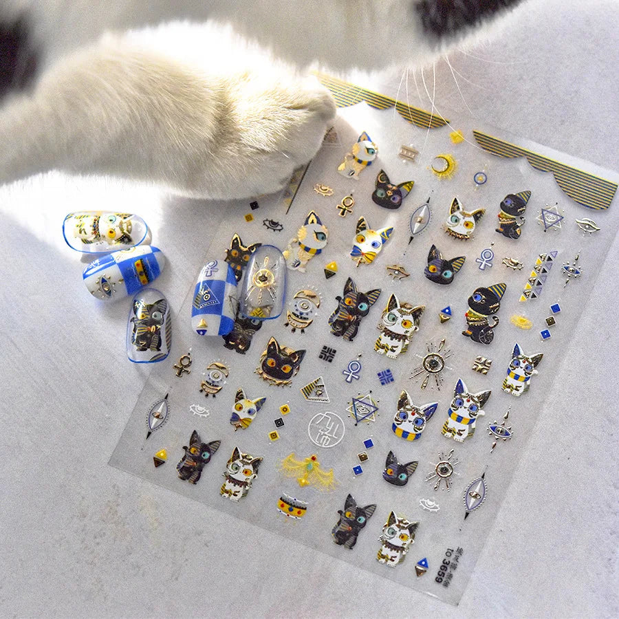 Mysterious Egyptian Cat Totem Eye Symbol Black Pharaoh Kitty Paw Sun Self Adhesive Nail Art Stickers Manicure Decals Wholesale (Online Order Only)