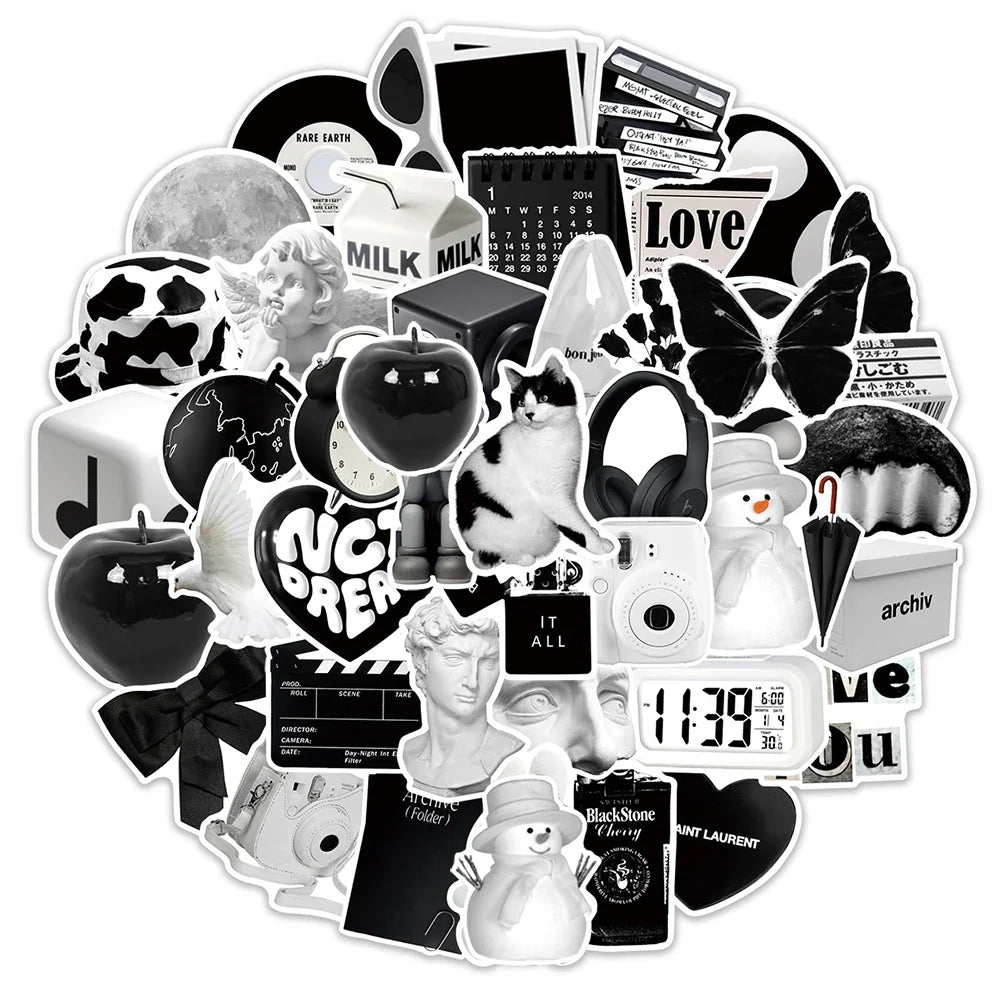 10/30/50pcs Ins Style Cute Stickers Aesthetic Black White Simple Decals Decoration Scrapbook Suitcase Laptop Fridge Wall Sticker (Online Order Only)