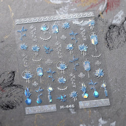 Retro Blue Lotus Flower Arrangement Vase Lantern Totem Pattern Bamboo Leaf Self Adhesive Nail Art Stickers Shiny Manicure Decals (ONLINE ORDER ONLY)