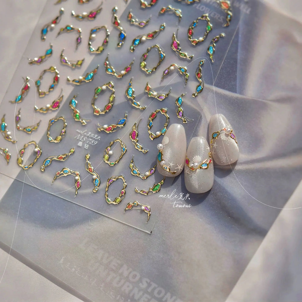 French Lines Gemstone Necklace Gilding Light Luxury Pearl Self Adhesive Nail Art Decorations Stickers Manicure Decals Wholesale (ONLINE ORDER ONLY)