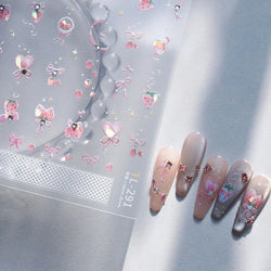 Cute Pink Strawberry Bowknot Star Lesbian Ribbon Fluttering Fruit Rhinestone Relief Adhesive Nail Art Stickers Manicure Decals (ONLINE ORDER ONLY)