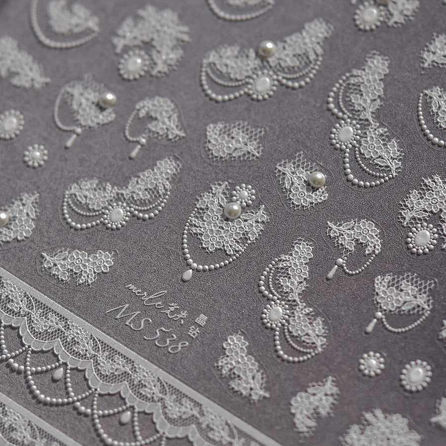 French Romantic Lace Flower Fabric Art Pearl Pendant Portrait Bowknot Textile Printing Delicate Nail Art Stickers Manicure Decal (ONLINE ORDER ONLY)