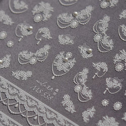 French Romantic Lace Flower Fabric Art Pearl Pendant Portrait Bowknot Textile Printing Delicate Nail Art Stickers Manicure Decal (ONLINE ORDER ONLY)