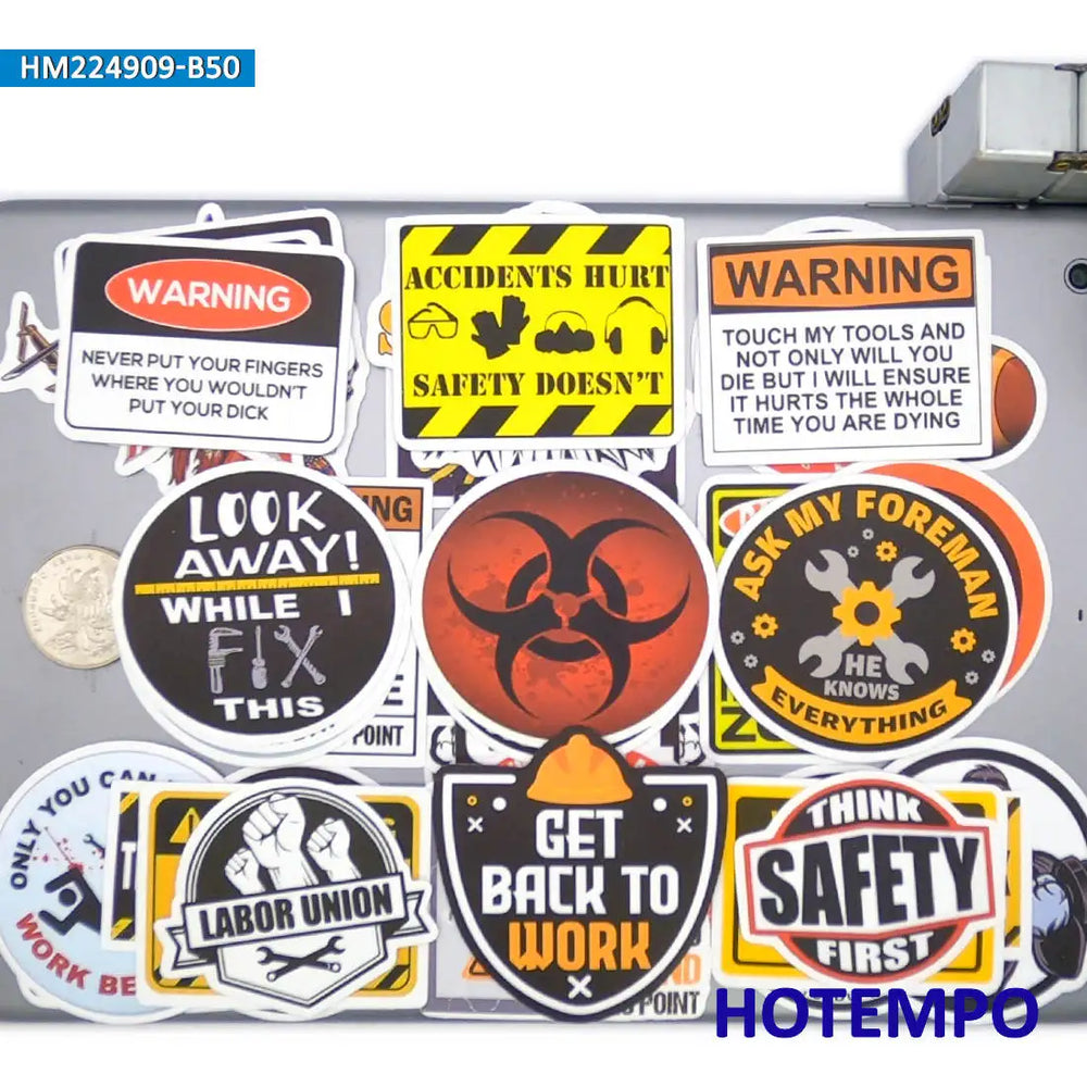 20/30/50Pieces Caution Safety Decals Danger Warning Worker Style Helmets Stickers for Tools Box Car Luggage Phone Laptop Sticker (ONLINE ORDER ONLY)