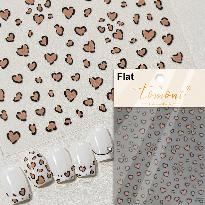 Flat Small Pink Brown Halo Dyeing Love Heart Geometric Leopard Shiny Jelly Chic Embossed Relief Nail Art Stickers Manicure Decal (Online Order Only)