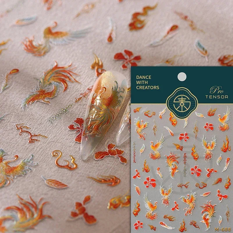 Charming Red Rose Phoenix Flower Wing Leaves Flower Feather Pearl Relief Embossed 5D Adhesive Nail Art Stickers Manicure Decals (ONLINE ORDER ONLY)