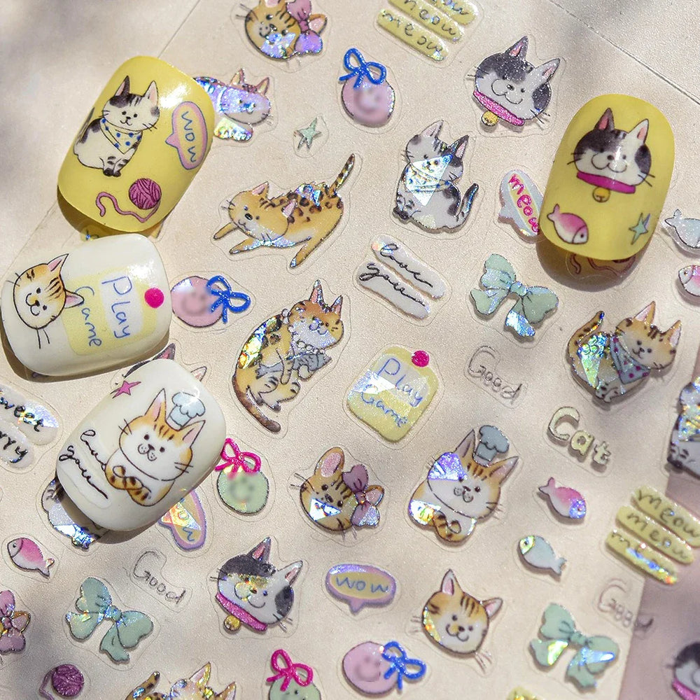 Cute Leopard Cat Ginger Cat Paw Bowknot Knitting Wool Ball Fish Self Adhesive Nail Art Stickers IllusionChic Manicure Decals (ONLINE ORDER ONLY)