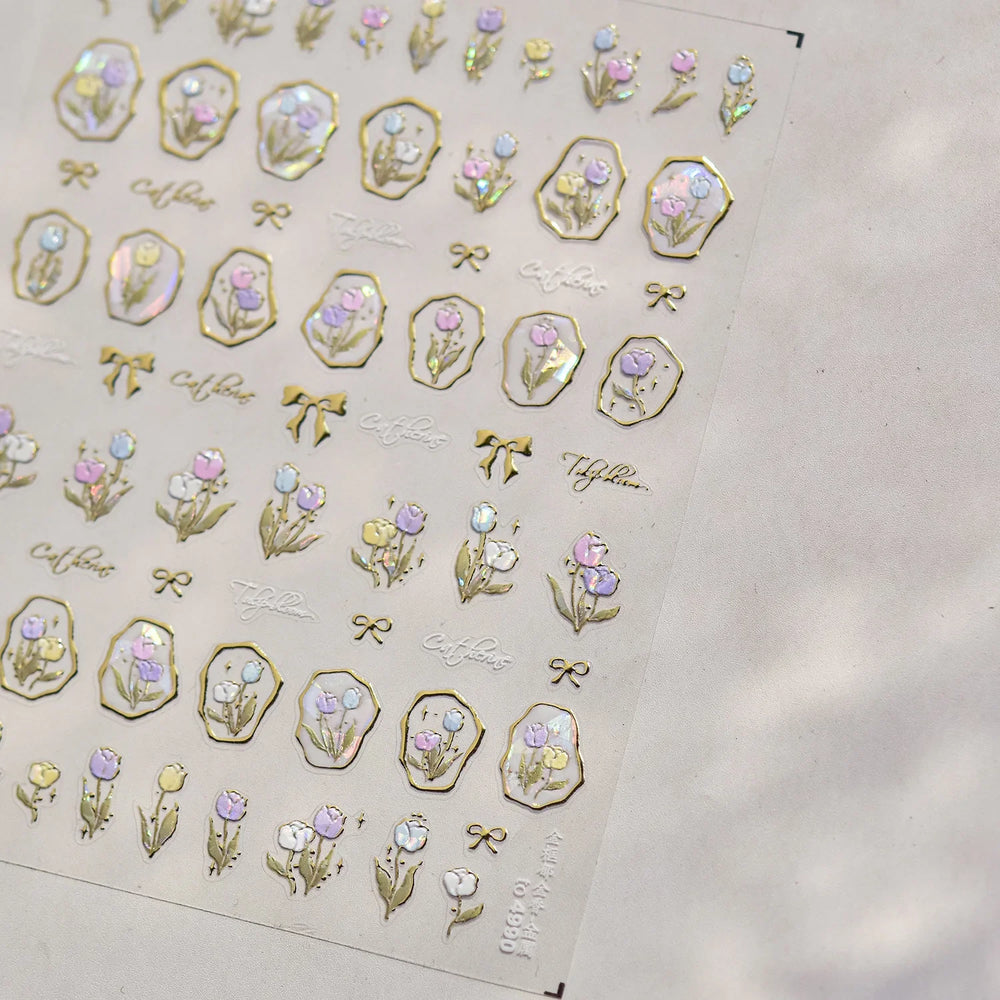 Golden Border Tulip Bloom Flower Bowknot Geometric Frame Metal Workmanship Charming Adhesive Nail Art Sticker Manicure Decals (ONLINE ORDER ONLY)
