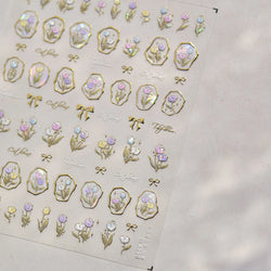 Golden Border Tulip Bloom Flower Bowknot Geometric Frame Metal Workmanship Charming Adhesive Nail Art Sticker Manicure Decals (ONLINE ORDER ONLY)