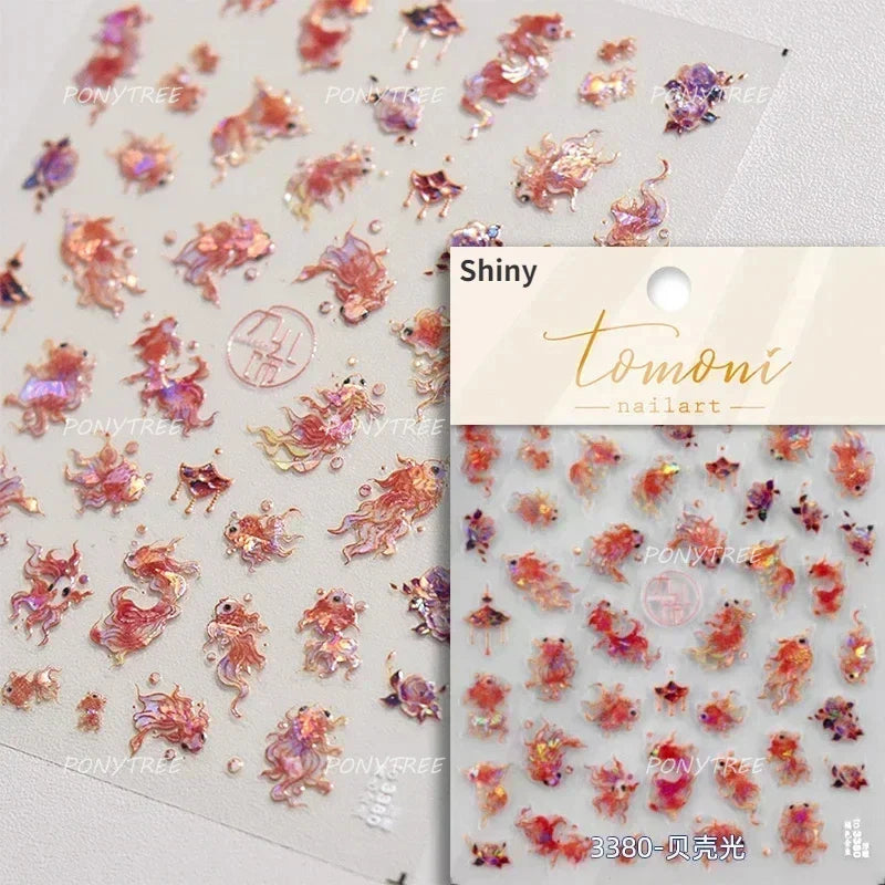 Lotus Leaf Brocaded Carp Koi Playing Goldfish Cavort Ripple Droplet Water Bubbles Self Adhesive Nail Art Stickers Manicure Decal (Online Order Only)